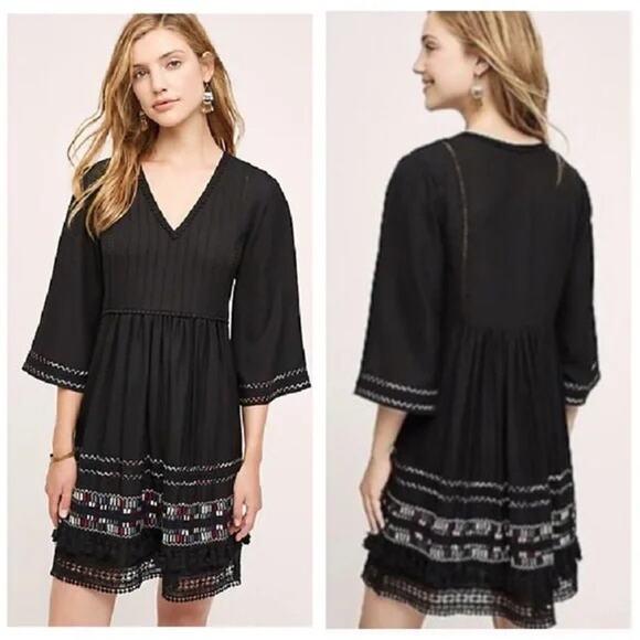ANTHROPOLOGIE Ranna Gill Black Daphne Embroidered Boho Tassel Tunic Dress Small - Picture 1 of 10